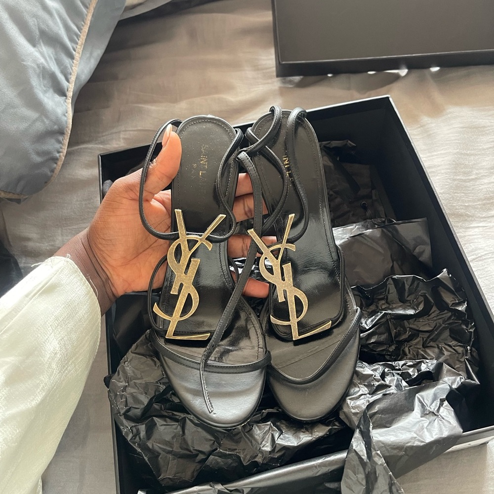 Yves Saint Laurent Black and Gold Cassandra Women's Sandals